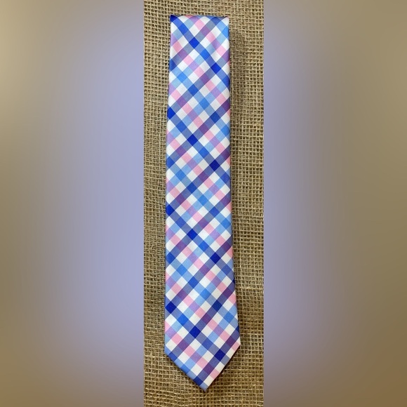 Izod Neck Tie, Blue/Pink Plaid, 3” Wide - Picture 2 of 7